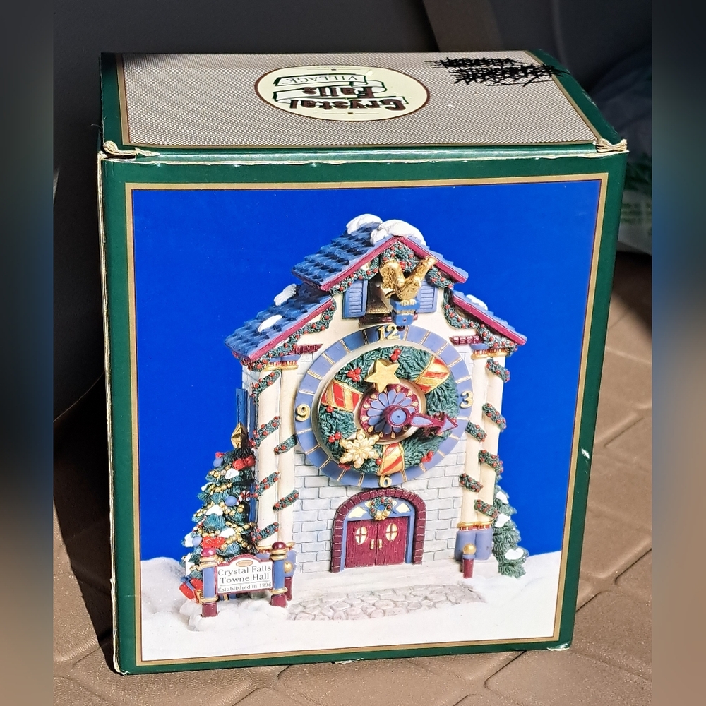 Crystal Falls Towne Hall Moving Clock Christmas Music Box~PLEASE READ